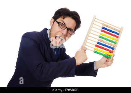 Arrabbiato commercialista con abacus isolato su bianco Foto Stock