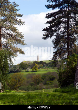 Vista tra gli alberi per il Tyndale Monument in piedi sul Cotswold scarpata vicino a Wotton Under Edge, Gloucestershire, Regno Unito Foto Stock