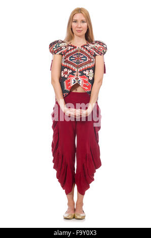 Donna in azerbaigiano ornamento abbigliamento isolato su bianco Foto Stock