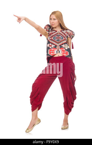 Donna in azerbaigiano ornamento abbigliamento isolato su bianco Foto Stock