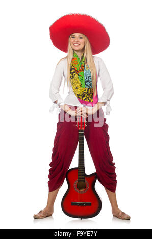 Donna che indossa la chitarra con sombrero Foto Stock