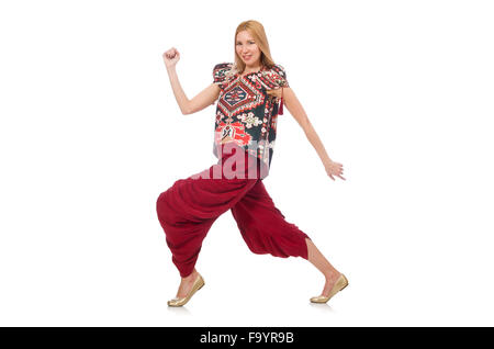 Donna in azerbaigiano ornamento abbigliamento isolato su bianco Foto Stock