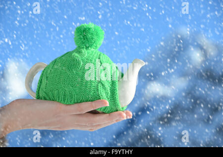 Teiera in annodato con il cappello in mano contro il paesaggio alpino Foto Stock