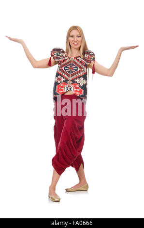 Donna in azerbaigiano ornamento abbigliamento isolato su bianco Foto Stock