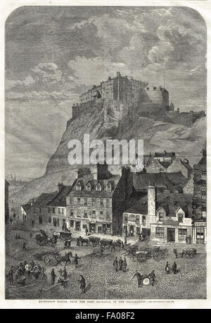 Il Castello di Edimburgo dal Corn Exchange a Grassmarket. Antica incisione 1860 Foto Stock