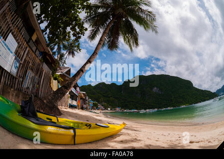 Kayak giallo recante sulla spiaggia di sabbia con Palm tree Foto Stock