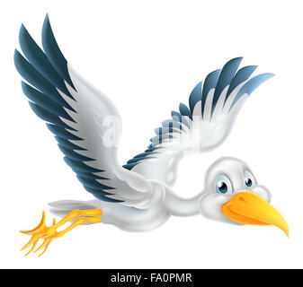 Un felice cartoon stork uccello carattere animale volare attraverso l'aria Foto Stock