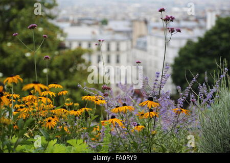 Vista di Parigi dalla Basilica del Sacro Cuore di Parigi, comunemente noto come Sacré-Coeur basilica, con fiori in primo piano Foto Stock