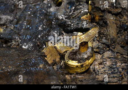 (151220) -- NANCHANG, Dic 20, 2015 (Xinhua) -- Foto scattata il 20 dicembre, 2015 mostra zoccolo conformato a gold ware riesumati dal principale bara nel Haihunhou (Marchese di Haihun) cimitero, Cina orientale della provincia di Jiangxi. Il coperchio esterno della bara principale nel cimitero Haihunhou era aperto domenica. Secondo gli archeologi che lavorano presso il sito, reliquie dentro la bara principale nei duemila anni di tomba di Haihunhou è probabile che rivelano l'occupante la propria identità. Il cimitero Haihunhou nei pressi di Nanchang City, a est della capitale cinese della provincia di Jiangxi, è il più completo nota dinastia Han occidentali (206 BC - Foto Stock