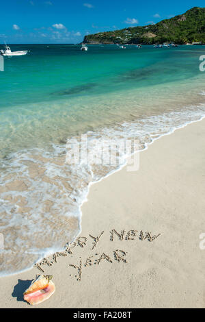 Felice anno nuovo scritto in spiaggia Foto Stock