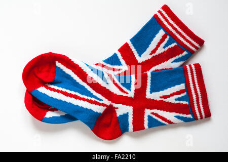 Coppia di novità calzini con Union Jack isolati su sfondo bianco Foto Stock