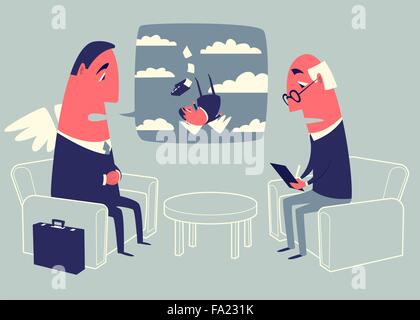 Angel investor seduto in poltrona e raccontare di psicologo circa i suoi propri problemi. Illustrazione Vettoriale