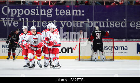 Charlotte, North Carolina, Stati Uniti d'America. Xx Dec, 2015. La Checkers celebrare un obiettivo durante il gioco di AHL tra il Lago Erie mostri e il Charlotte Checkers domenica 20 dicembre 2015 in Bojangles Coliseum, in Charlotte, NC. Giacobbe Kupferman/CSM Credito: Cal Sport Media/Alamy Live News Foto Stock