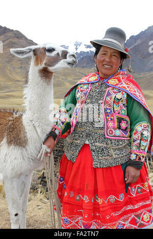 Donna andina indossando abiti tradizionali con un Llama Foto Stock