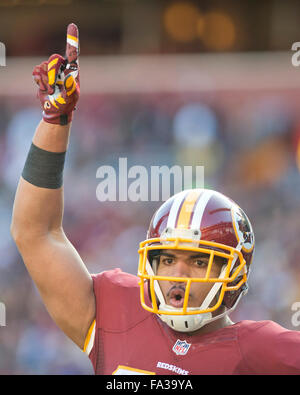 Landrover, Maryland, Stati Uniti d'America. Xx Dec, 2015. Washington Redskins manualmente l'estremità Giordania Reed (86) festeggia dopo aver segnato un touchdown nel secondo trimestre contro le fatture della Buffalo di FedEx Campo in Landover, Maryland domenica 20 dicembre, 2015. Credito: Ron Sachs/CNP - nessun filo SERVICE - Credit: dpa picture alliance/Alamy Live News Foto Stock