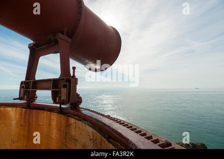 La sirena antinebbia del Mull of Galloway lighthouse, Dumfries and Galloway, Scotland, Regno Unito Foto Stock