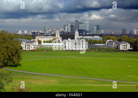 In Canarie Wharfe & Central London da Greenwich Park Foto Stock