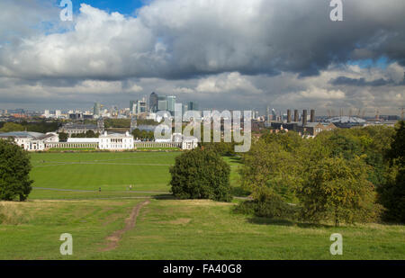 In Canarie Wharfe & Central London da Greenwich Park Foto Stock