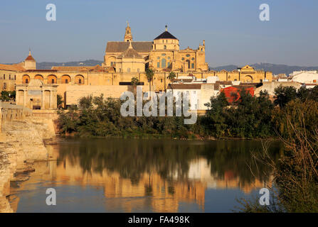 Fiume Rio Guadalquivir e storica Cattedrale Mezquita di edifici, Grande Moschea, Cordoba, Spagna Foto Stock