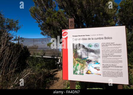 Un dispositivo di rete usato per catturare l'acqua da nuvole sulle colline vicino a Erjos, Tenerife, Isole Canarie, Spagna. Foto Stock