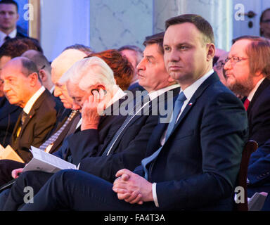 Varsavia, Polonia. Il 21 dicembre, 2015. Presidente della Polonia Andrzej Duda durante la conferenza 'sovranità, solidarietà, sicurezza' organizzata per commemorare l'ex presidente polacco Lech Kaczynski al palazzo presidenziale il 21 dicembre 2015 a Varsavia in Polonia. Credito: MW/Alamy Live News Foto Stock