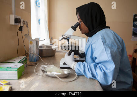 Un assistente di laboratorio opera un microscopio a energia solare di centro di salute della regione di Kigoma, Tanzania occidentale. Foto Stock