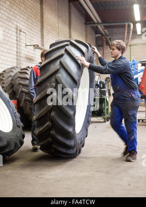 Apprendista montatore cambiare un pneumatico del trattore. Foto Stock