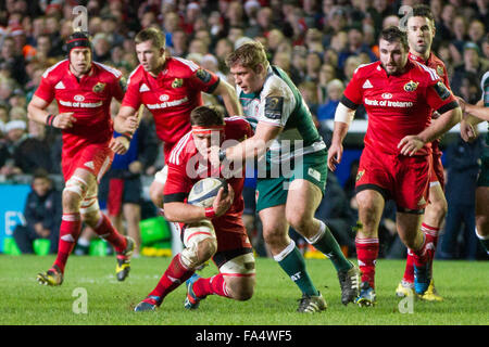 Leicester, Inghilterra, 20th, dicembre, 2015. ERCC Leicester v Munster Munster John Ryan in azione Foto Stock