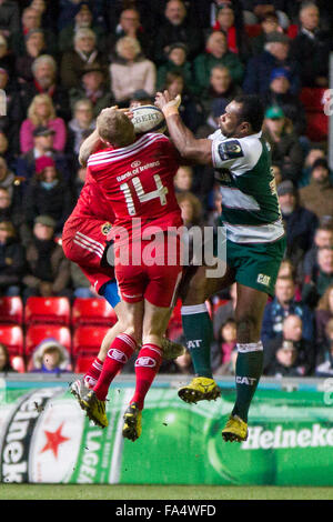 Leicester, Inghilterra, 20th, dicembre, 2015. ERCC Leicester v Munster Leicesters Vereniki Goneva in azione Foto Stock