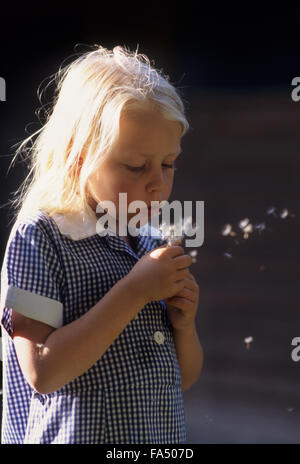 Ragazza giovane soffiaggio semi di tarassaco e la realizzazione di un desiderio. Foto Stock