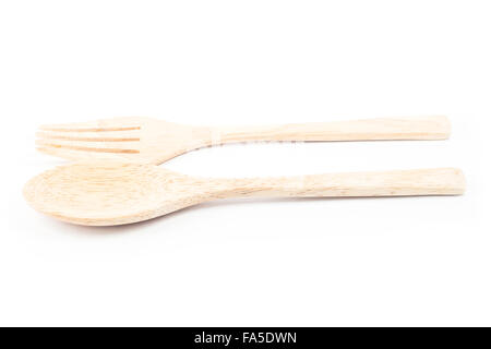 Il cucchiaio di legno e forcella su sfondo bianco, stock photo Foto Stock