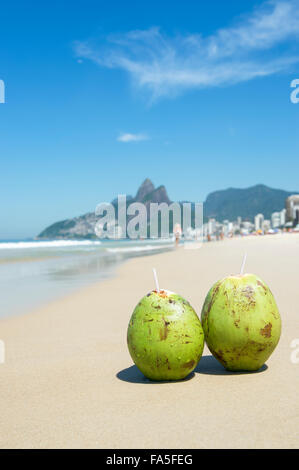 Due coco verde verde noci di cocco sulla spiaggia di Ipanema contro uno sfondo di due fratelli Dois Irmaos Montagna in Rio de Janeiro, Brasile Foto Stock