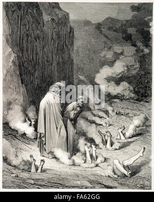 L'Inferno (la visione dell'Inferno) dal 13c poeta italiano Dante Alighieri, illustrata dai 19c artista francese Gustave Doré. La ottavo cerchio dell'inferno, dove la frode è punito. Virgilio mostra Dante la punizione per la simonia (posizioni di vendita o i posti nella Chiesa). (Canto XIX, linee 10-11) Foto Stock