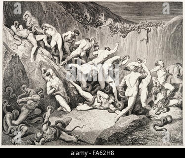 L'Inferno (la visione dell'Inferno) dal 13c poeta italiano Dante Alighieri, illustrata dai 19c artista francese Gustave Doré. Dante e Virgilio nel ottavo cerchio dell'inferno, dove la frode è punito. In questa illustrazione i ladri sono tormentato dai serpenti. (Canto XXIV, linee 89-92) Foto Stock