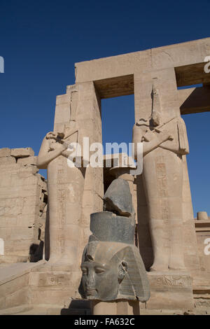 Busto di Ramses II (in primo piano), statue di Osiride (fondo), il Ramesseum, Luxor, West Bank, la Valle del Nilo, Egitto Foto Stock