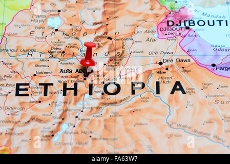 Addis Abeba imperniata su una mappa di Africa Foto Stock