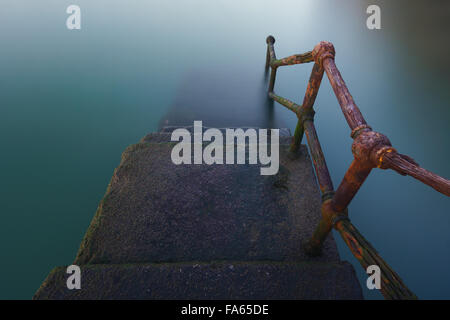 Corrimano arrugginito andando giù sul dock di acqua Foto Stock