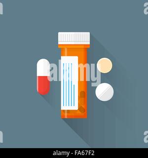 Vector colorato design piatto di plastica arancione tappo contenitore rosso bianco compresse pillole farmaci illustrazione isolato sfondo scuro lunga Illustrazione Vettoriale