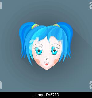 Vector colorato design piatto giapponese manga anime girl faccia grandi occhi blu ciano illustrazione dei capelli isolato sfondo scuro lungo sha Illustrazione Vettoriale