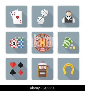 Colore del vettore design piatto vari segni di gioco d'azzardo blackjack dadi croupier casino roulette i token di denaro contante card adatta alle slot machin Illustrazione Vettoriale