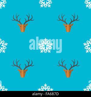 Vector colorato design piatto capodanno natale cervi il simbolo del fiocco di neve seamless pattern su sfondo ciano Illustrazione Vettoriale