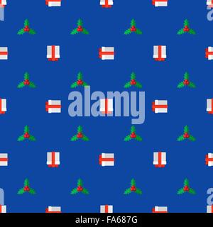 Vector colorato design piatto capodanno natale holly ribboned confezione regalo seamless pattern su sfondo blu Illustrazione Vettoriale