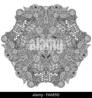 Vector nero monocromatico caleidoscopica disegnati a mano zentangle geometrica isolato illustrazione di contorno su sfondo bianco Illustrazione Vettoriale