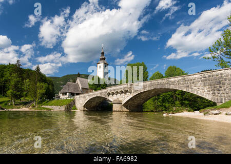 Ponte sopra il lago di Bohinj, Slovenia Foto Stock