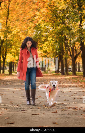 Donna che cammina il suo cane nel parco Foto Stock