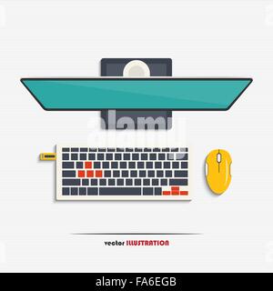 Moderno pc monitor con schermo vuoto, tastiera wireless e mouse e unità flash USB per il tuo design Illustrazione Vettoriale