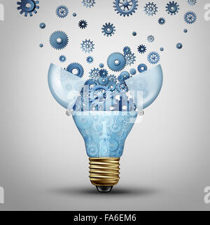 Comunicazione creativa soluzione e intelligente le idee di marketing attraverso la distribuzione di un open lampadina con un gruppo di ingranaggi e ruote cog rilasciato diffondendo come una metafora per il brainstorming brainstorming o. Foto Stock