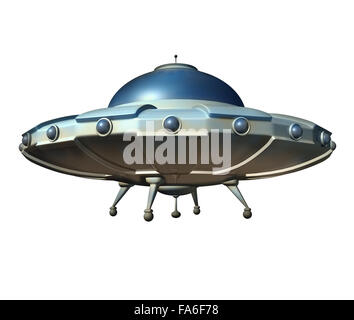 Flying Saucer astronave isolata su uno sfondo bianco come un classico ufo extraterrestrial hovercraft dallo spazio esterno come un science fiction simbolo per indagine navicelle aliene teoria cospirativa. Foto Stock