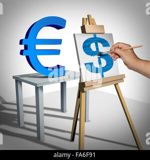 Lo scambio di denaro e la conversione di valuta business finanziario nozione come un tridimensionale di euro segno essendo dipinta su una tela come Foto Stock