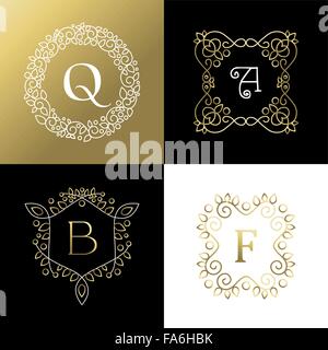Set di ornamento di stile contorno oro cornici con foglie e decorazioni floreali. Ideale per il brand design, business o di campagna. EPS10 Illustrazione Vettoriale